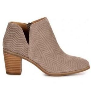 Lucky Brand Parneesa Perforated Tan Suede Stacked Heel Bootie, 8.5
